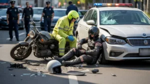 Police officers investigating a motorcycle accident on a suburban Ontario street with a damaged bike and helmet on the road