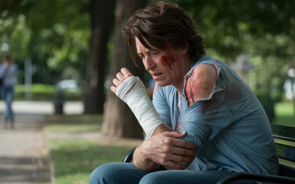 Injured person sitting on a park bench with bandages on their arm and shoulder, expressing pain after a dog bite or accident.