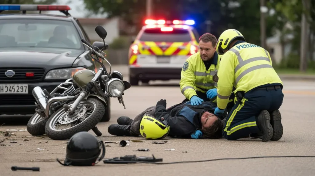 Emergency responders attending to an injured motorcyclist on an Ontario street with a damaged motorcycle and police vehicles in the background