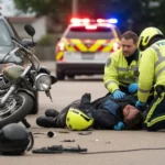 Emergency responders attending to an injured motorcyclist on an Ontario street with a damaged motorcycle and police vehicles in the background