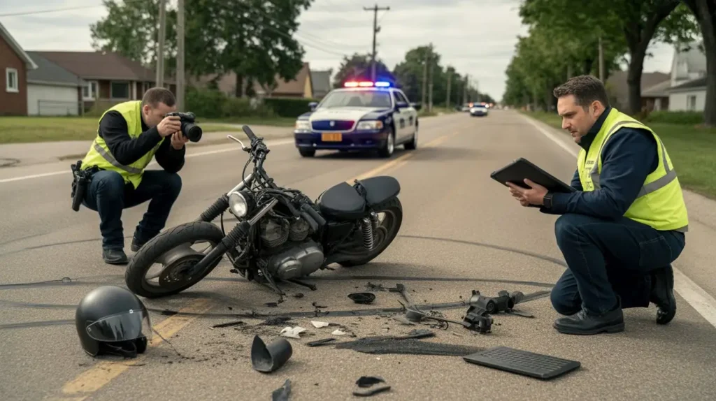Investigator photographing damaged motorcycle while another reviews evidence on a tablet at crash scene in Ontario