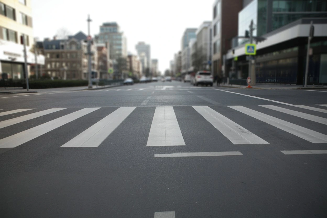 Empty pedestrian crossing on a wide city street with blurred cars in the background.