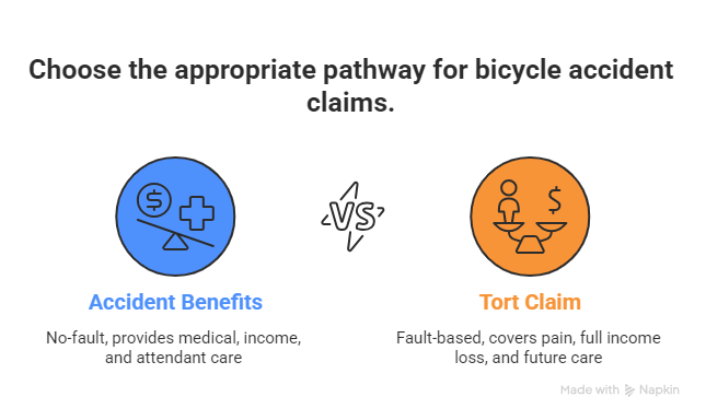 Infographic showing Accident Benefits pathway with no fault coverage icons for medical and income support.