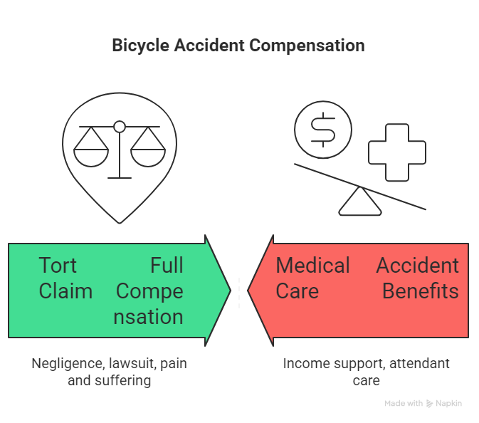 Infographic showing bicycle accident compensation options including tort claim, full compensation, medical care, and accident benefits.