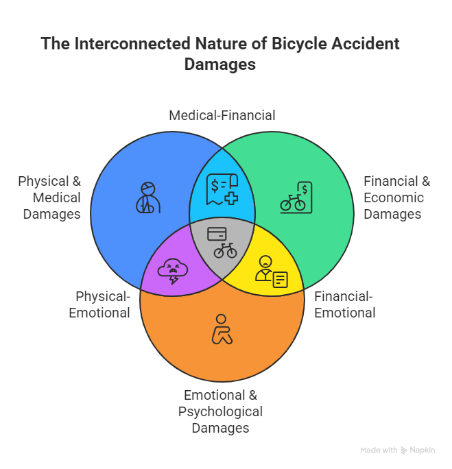 Venn diagram showing how bicycle accident damages overlap across medical, financial, physical, emotional, and psychological categories.