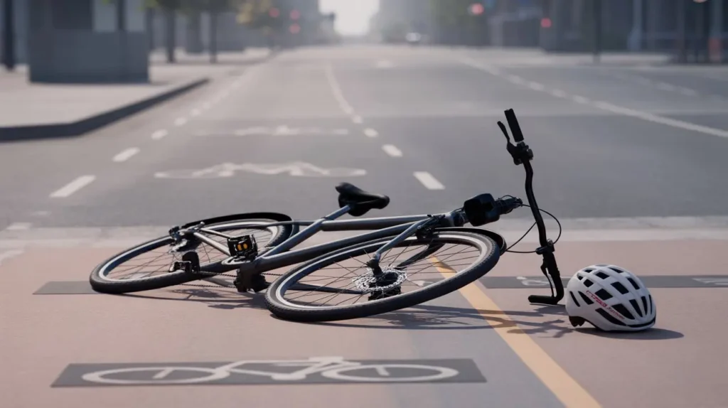 Bicycle lying on its side on a city road bike lane after an accident with a white helmet nearby.