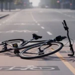 Bicycle lying on its side on a city road bike lane after an accident with a white helmet nearby.