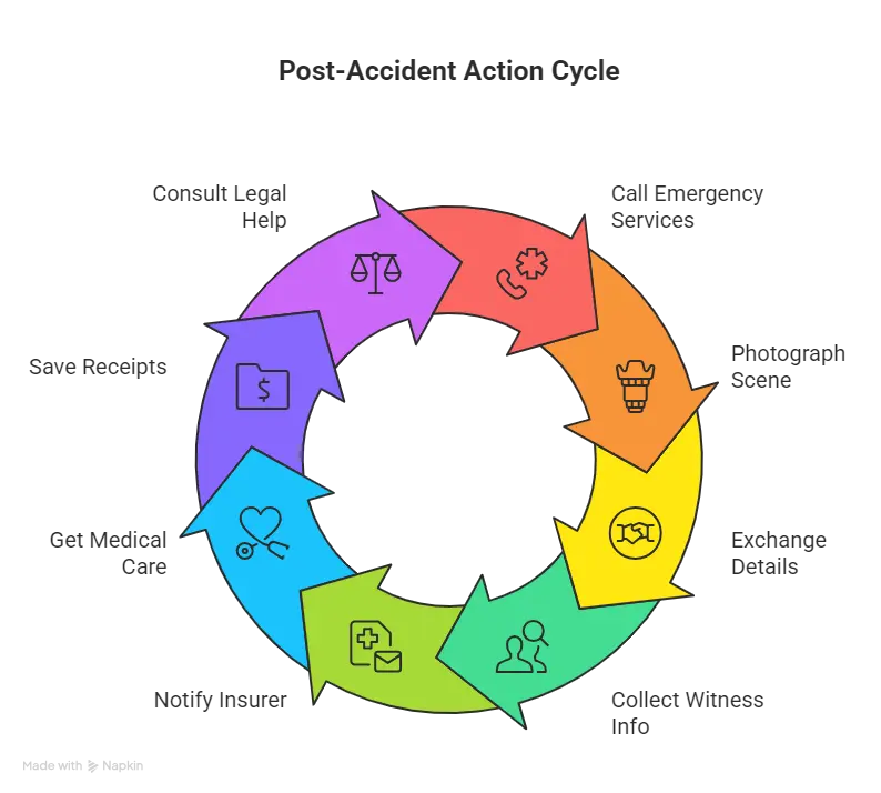 Circular infographic showing the interconnected impact of bicycle accident injuries, legal issues, medical care, and financial losses.