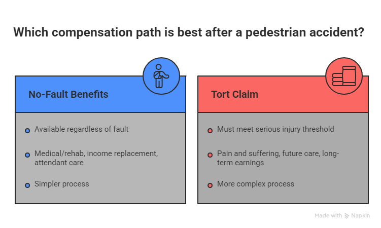 Comparison chart showing no fault benefits and tort claim options after a pedestrian accident.