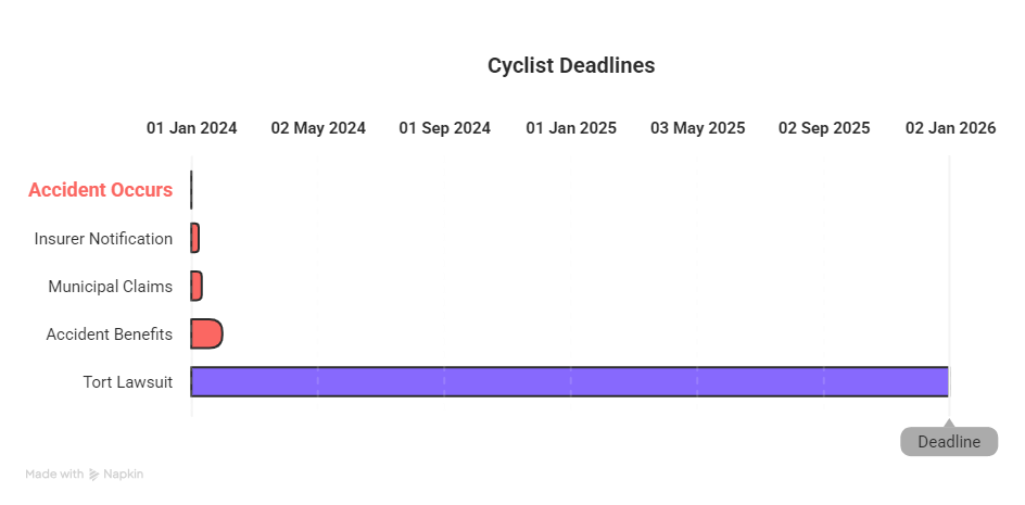 Timeline infographic titled Cyclist Deadlines showing accident occurs, insurer notification, municipal claims, accident benefits, and tort lawsuit deadline.