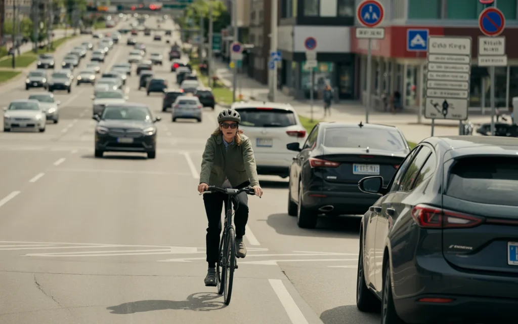 Cyclist riding on a busy urban Ontario road surrounded by traffic and street signs