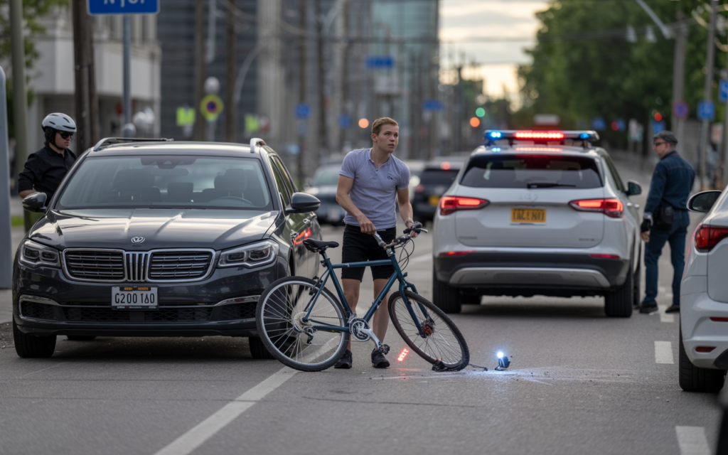 Cyclist standing beside a damaged bicycle after a road accident with police at the scene