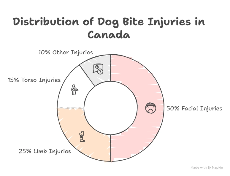 Infographic showing the distribution of dog bite injuries in Canada: 50% facial injuries, 25% limb injuries, 15% torso injuries, and 10% other injuries.