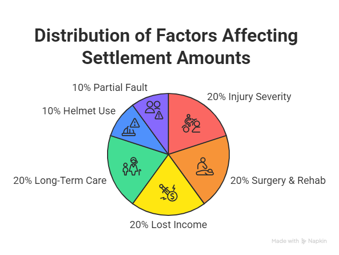 Pie chart showing percentage contribution of factors affecting motorcycle accident settlement amounts including injury severity, surgery and rehabilitation, lost income, long-term care, helmet use, and partial fault
