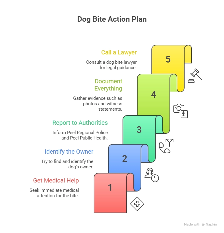 Infographic showing the steps in a dog bite action plan: get medical help, identify the dog owner, report to authorities, document everything, and call a lawyer.