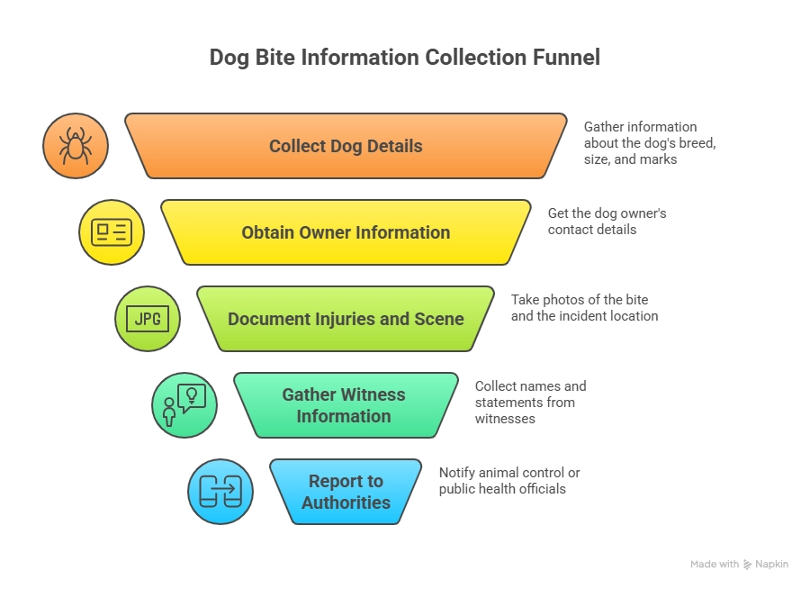 Infographic showing the steps to collect information for a dog bite incident: gather dog details, owner information, document injuries, collect witness statements, and report to authorities.