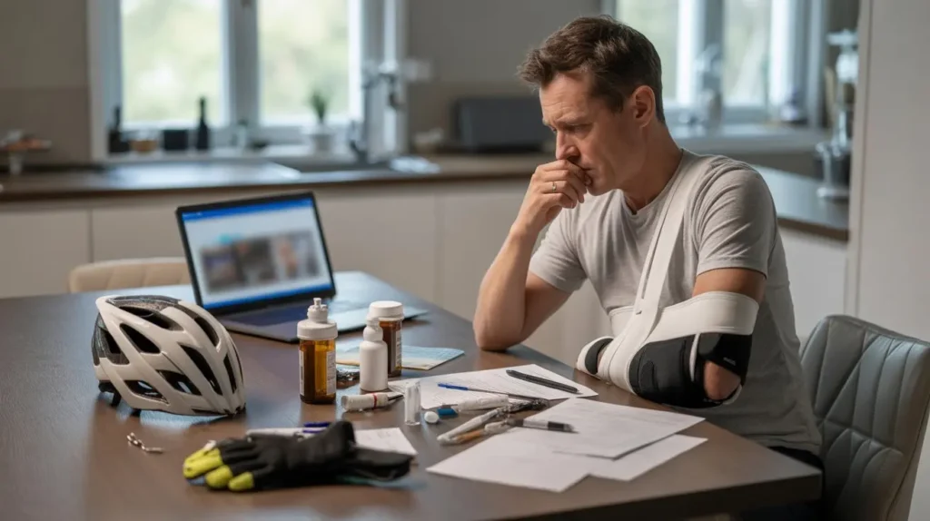 Injured cyclist with arm in sling reviewing paperwork and medication at home after bicycle accident.