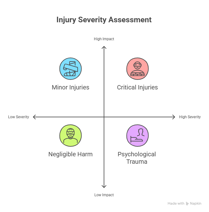 Injury severity assessment chart showing minor injuries, critical injuries, negligible harm, and psychological trauma