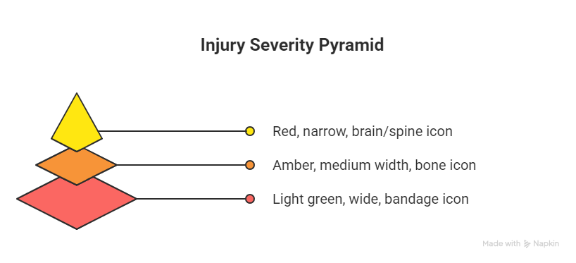 Injury severity pyramid infographic showing red narrow brain spine icon, amber bone icon, and light green wide bandage icon.