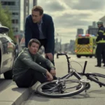 Man sitting on curb beside bicycle after collision with car on city street as emergency responders arrive.