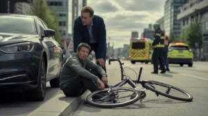 Man sitting on curb beside bicycle after collision with car on city street as emergency responders arrive.