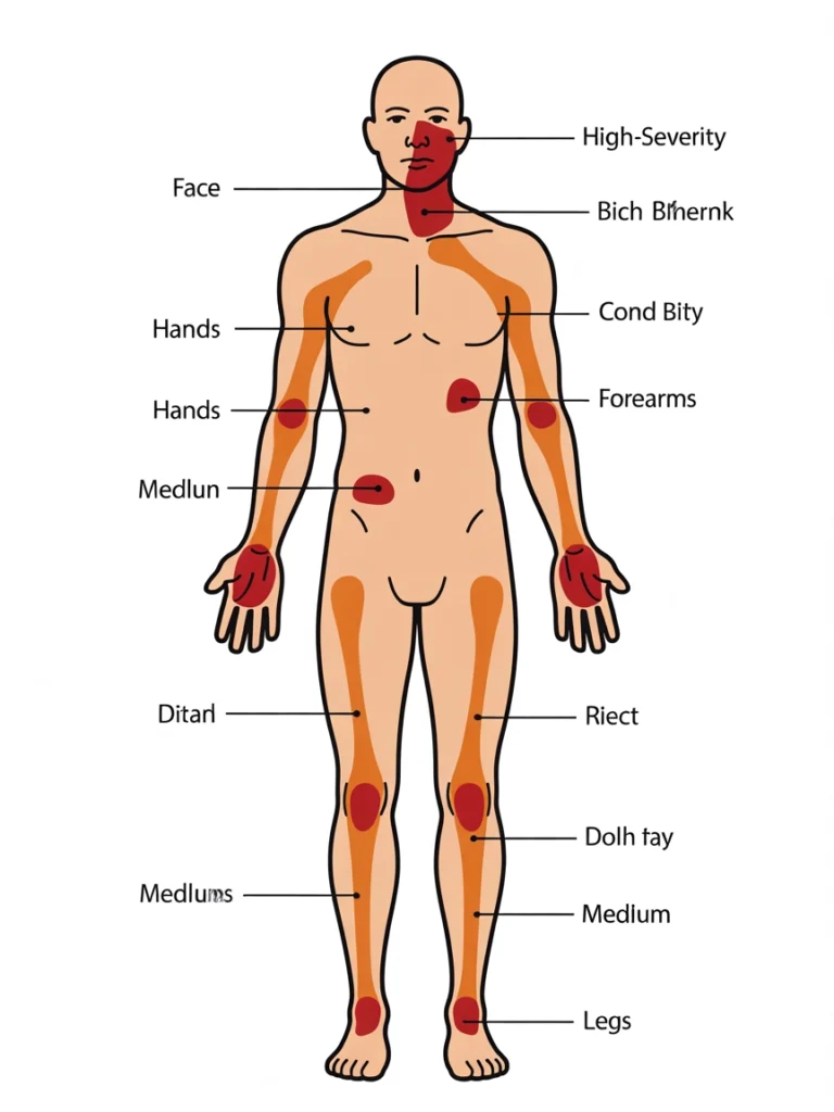Medical illustration depicting the locations of injuries on the human body, highlighting high-severity areas such as the face, hands, and legs.