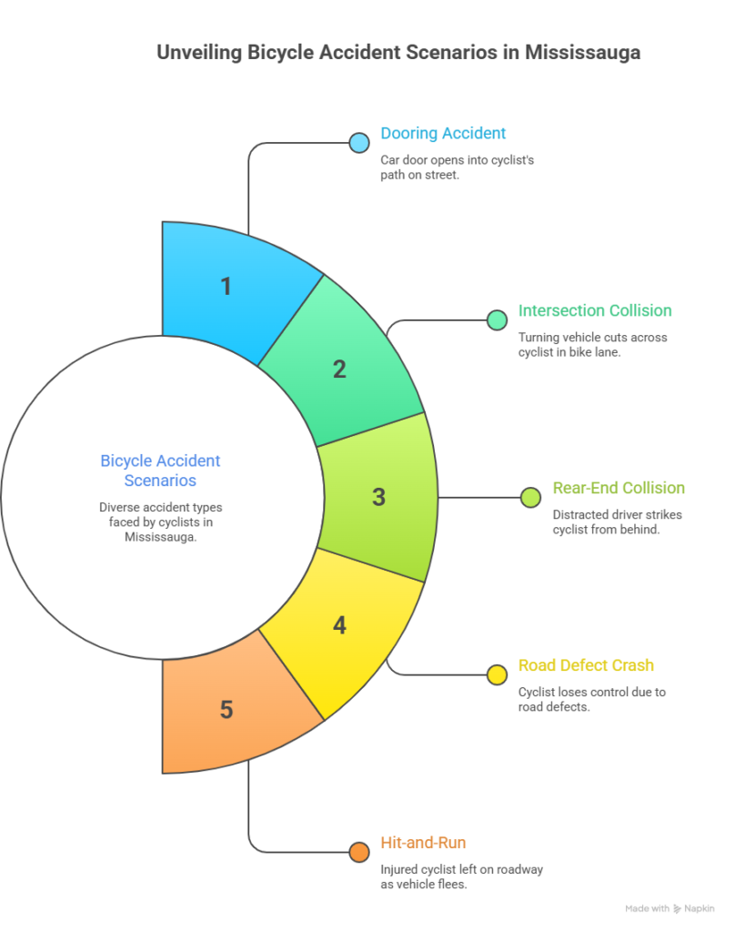 Mississauga bicycle accident overview showing hit and run, dooring, rear end, intersection, and road defect crashes