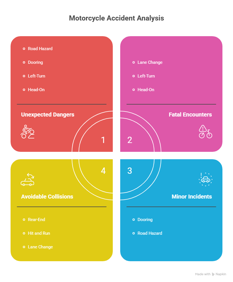 Infographic analyzing motorcycle accidents by category: unexpected dangers, fatal encounters, avoidable collisions, and minor incidents.