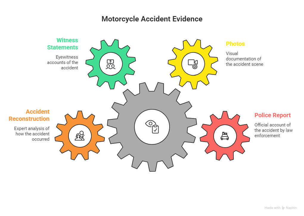Visual guide illustrating essential documentation for motorcycle accident cases with gears representing witness statements photos police report and accident reconstruction.