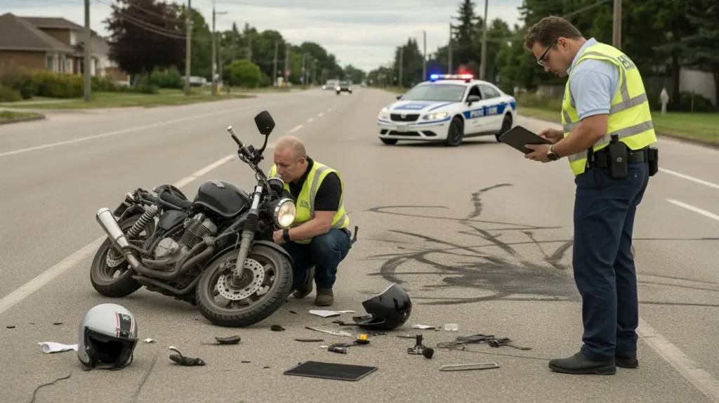 Accident investigator reviewing motorcycle crash evidence with police and tablet on Ontario roadway