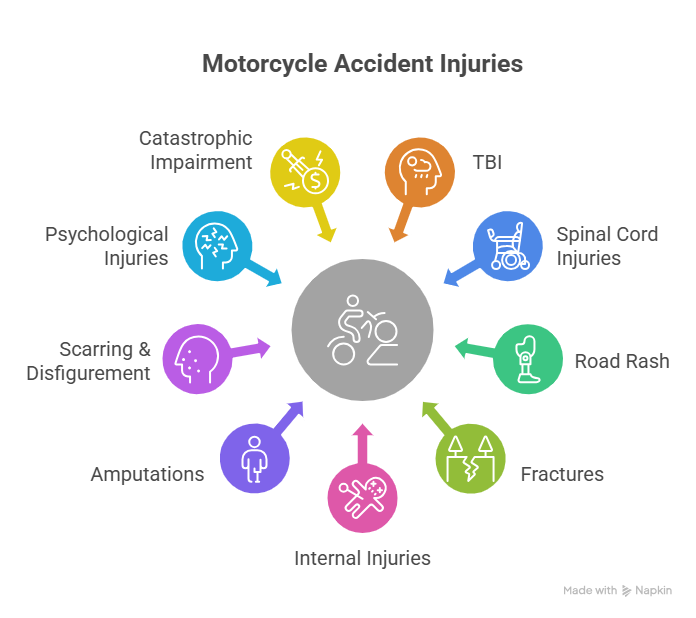 Infographic showing different types of injuries from motorcycle accidents, including catastrophic impairments, TBI, spinal cord injuries, and fractures.
