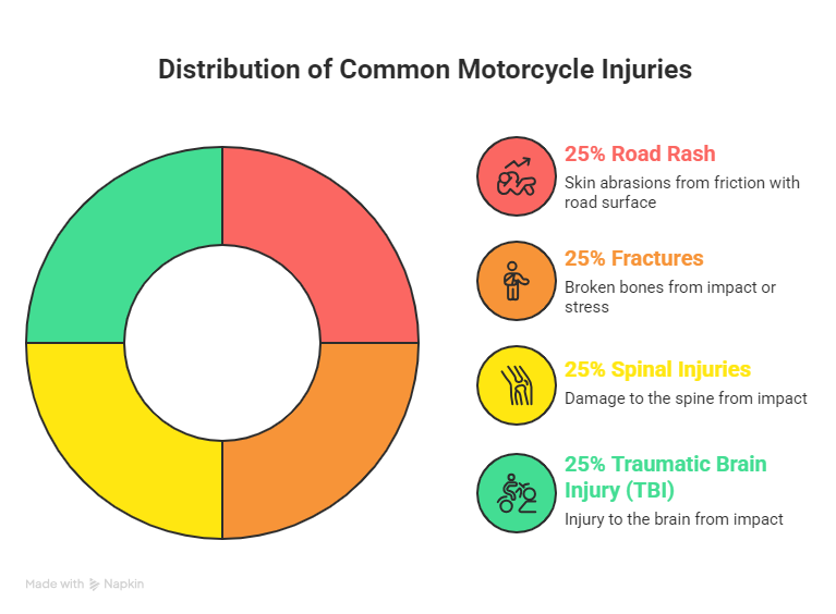 Visual chart illustrating the percentage of injuries in motorcycle accidents highlighting road rash fractures spinal injuries and TBI