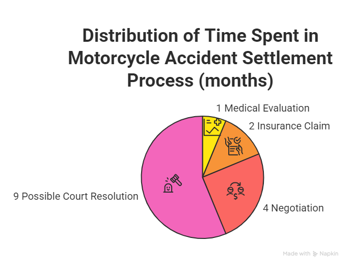 Pie chart showing distribution of time spent in each stage of a motorcycle accident settlement including medical evaluation, insurance claim, negotiation, and possible court resolution in months