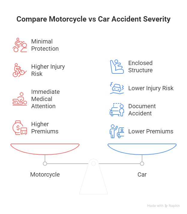 Visual comparison of motorcycle and car accidents highlighting higher risk and minimal protection for motorcycles and lower risk with enclosed structure for cars