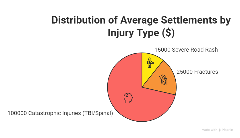 Pie chart showing average motorcycle accident settlements by injury type including severe road rash, fractures, and catastrophic injuries such as TBI or spinal damage