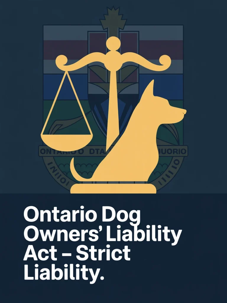 Illustration of the Ontario Dog Owners’ Liability Act highlighting strict liability, with a scale of justice and a dog symbol.