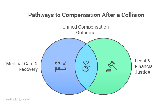 Venn diagram illustrating how medical recovery and legal financial justice overlap to create a unified compensation outcome after a collision.