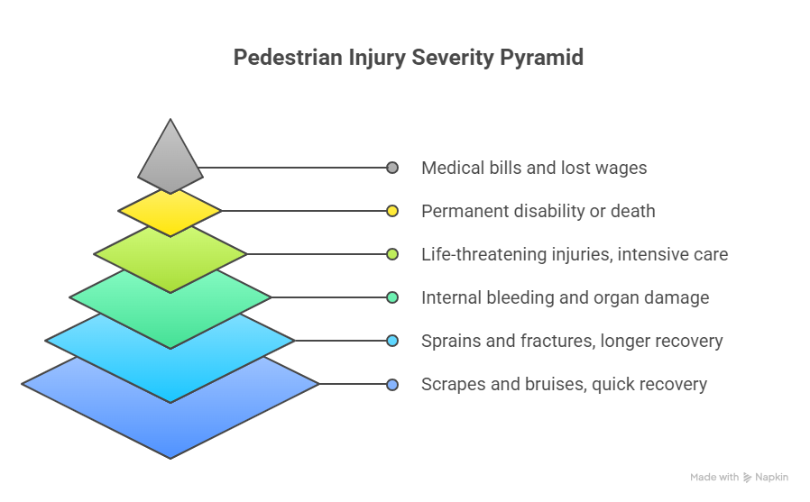 Infographic showing a pedestrian injury severity pyramid from scrapes and bruises to permanent disability, death, and financial losses.