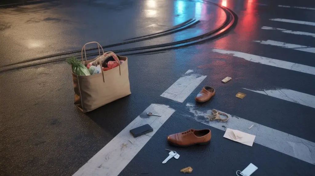 Scattered personal belongings and a grocery bag lying on a wet crosswalk after a traffic collision at night.