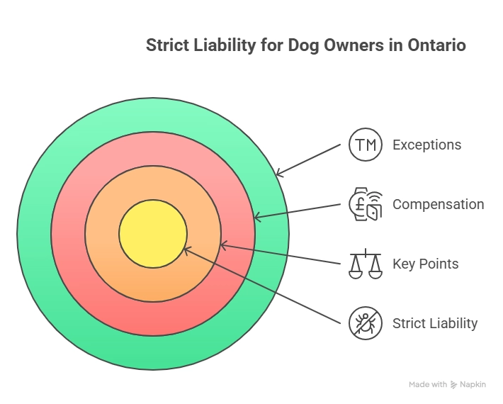 Infographic detailing strict liability for dog owners in Ontario, highlighting exceptions, compensation, key points, and legal responsibility
