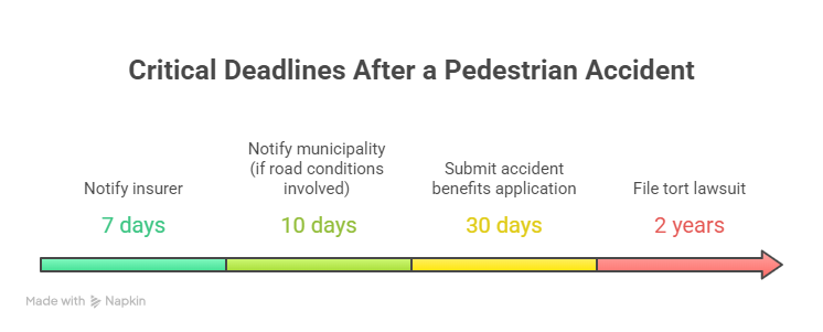 Timeline infographic showing key legal and insurance deadlines after a pedestrian accident from 7 days to 2 years.