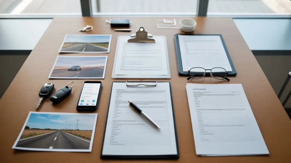 Tabletop setup with vehicle keys, road photos, paperwork, and a clipboard for an inspection or assessment meeting.