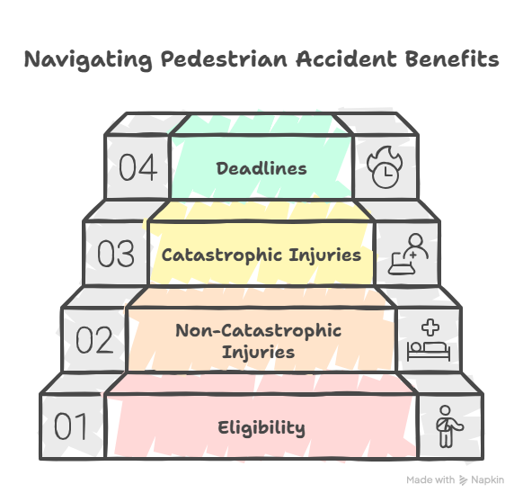 Illustration of the steps in navigating pedestrian accident benefits, including deadlines and eligibility.