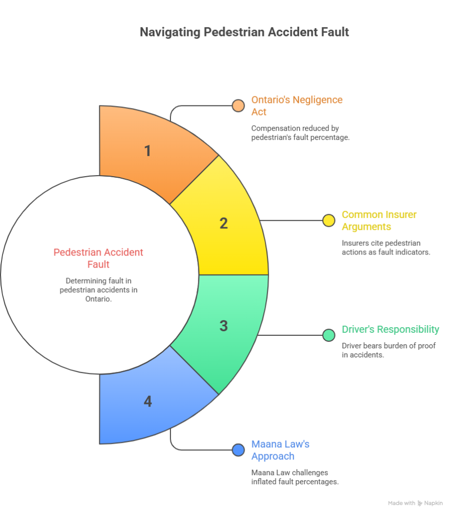 Visual guide for determining pedestrian accident fault in Ontario, including Ontario's Negligence Act, insurer arguments, and Maana Law's approach.