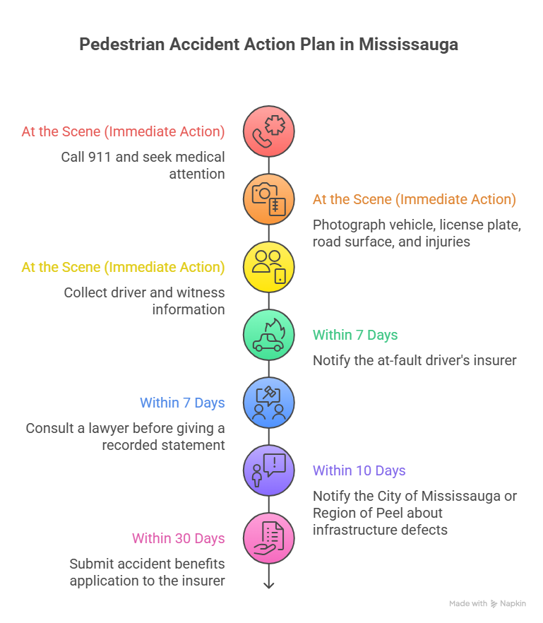 Pedestrian Accident Action Plan in Mississauga with detailed step-by-step instructions for handling the accident scene, reporting to authorities, and legal processes.
