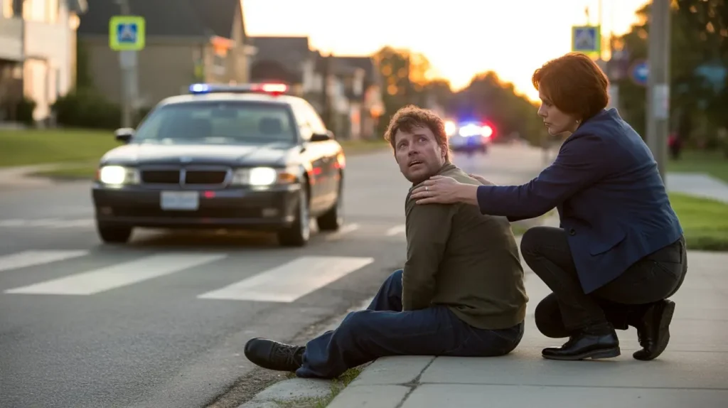 Woman comforting an injured man sitting on the curb near a crosswalk while police cars respond in the background.