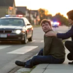 Woman comforting an injured man sitting on the curb near a crosswalk while police cars respond in the background.