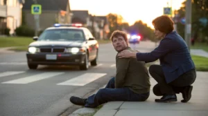 Woman comforting an injured man sitting on the curb near a crosswalk while police cars respond in the background.