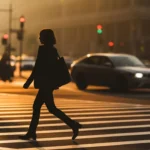 Silhouette of a woman walking across a city crosswalk at sunset with blurred traffic in the background.