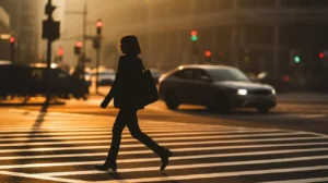 Silhouette of a woman walking across a city crosswalk at sunset with blurred traffic in the background.